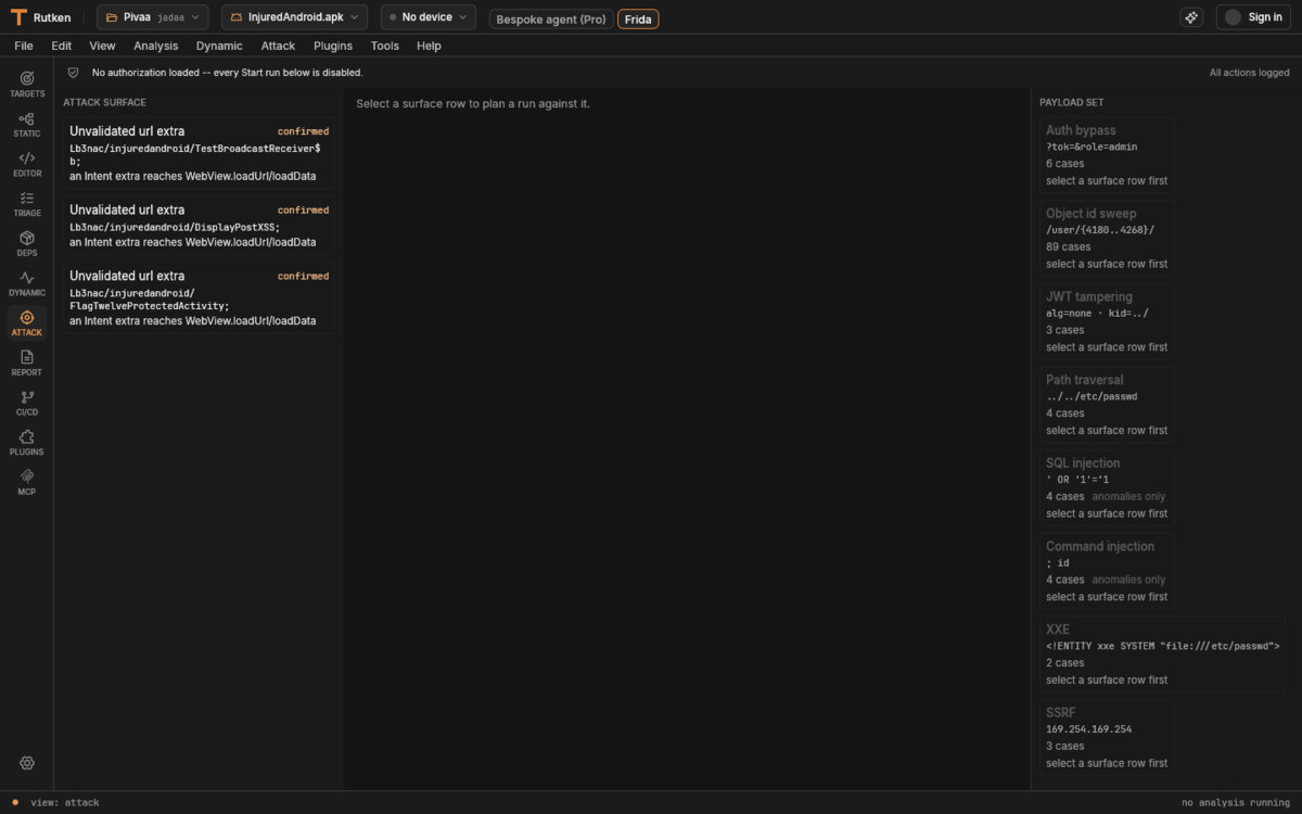 Rutken Attack view: an 'attack surface' list of confirmed sinks (intent extras reaching WebView.loadUrl), a center prompt to select a surface row, and a 'payload set' rail on the right with Auth bypass, Object id sweep, JWT tampering, Path traversal, SQL injection, Command injection, XXE and SSRF families, each with sample payloads and case counts. A banner notes no authorization is loaded so runs are disabled.
