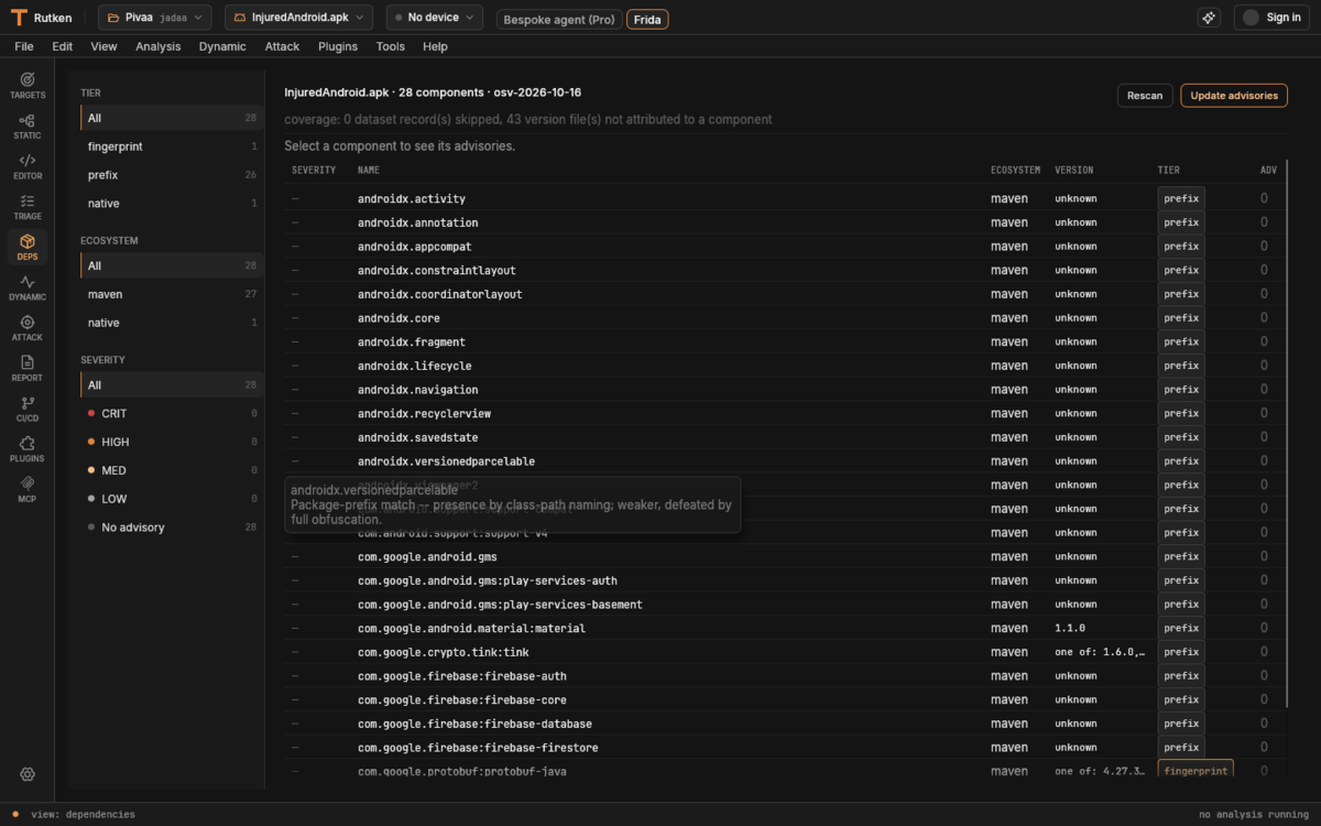 Rutken Deps/SCA view: a component inventory (androidx.*, com.google.*) with version and advisory columns, filters for fingerprint/native/ecosystem/severity on the left, a dated dataset, Rescan and Update-advisories actions, and a coverage note.