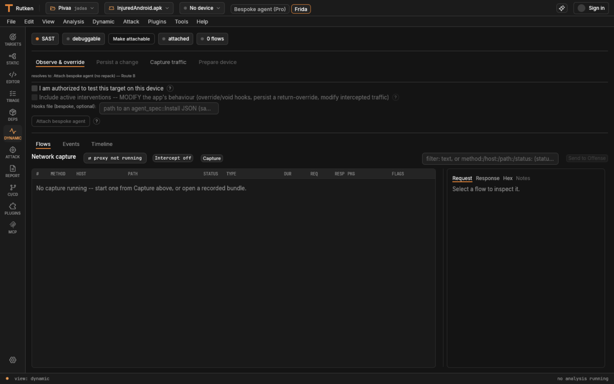 Rutken Dynamic view: Observe & override / Persist a change / Capture traffic / Prepare device tabs, an 'I am authorized to test this target' checkbox, an active-interventions toggle, an Attach bespoke agent (Route B) button, and a Network capture table with Flows/Events/Timeline and a request/response/hex inspector.