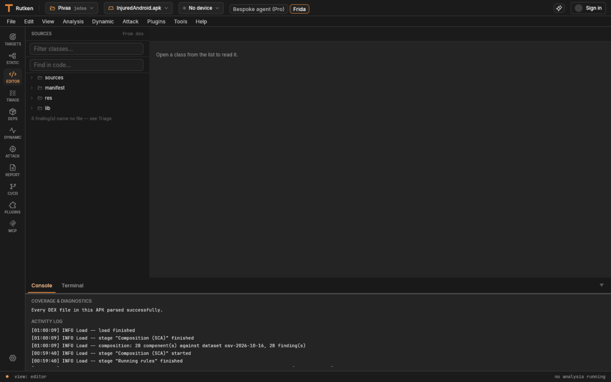 Rutken Editor view: a sources/manifest/res/lib tree with a filter and Find-in-code box, and a docked Console showing 'Every DEX file in this APK parsed successfully' plus a timed activity log of the load, rules, and SCA composition stages.