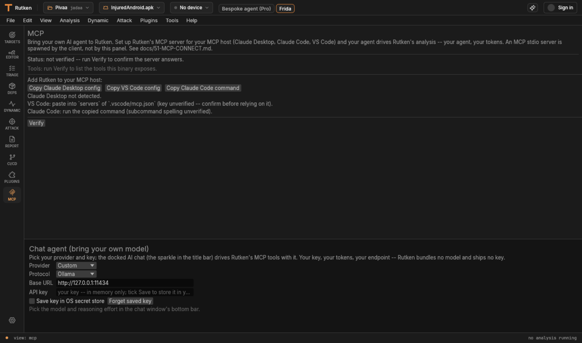 Rutken MCP view: a description of setting Rutken up as an MCP stdio server, Copy-config buttons for Claude Desktop / VS Code / Claude Code, a Verify button, and a 'Chat agent (bring your own model)' section with provider, protocol, base URL and API-key fields plus a 'Save key in OS secret store' toggle.