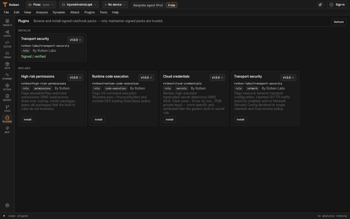 Rutken Plugins registry: a featured signed/verified pack at the top and a grid of installable rule packs (High-risk permissions, Runtime code execution, Cloud credentials, Transport security) each with a version, publisher, description and Install button.