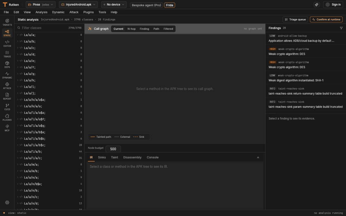 Rutken Static view: class tree on the left, an interactive call graph in the center with Current/N-hop/Paths/Filtered tabs and a node budget, and a findings list on the right.