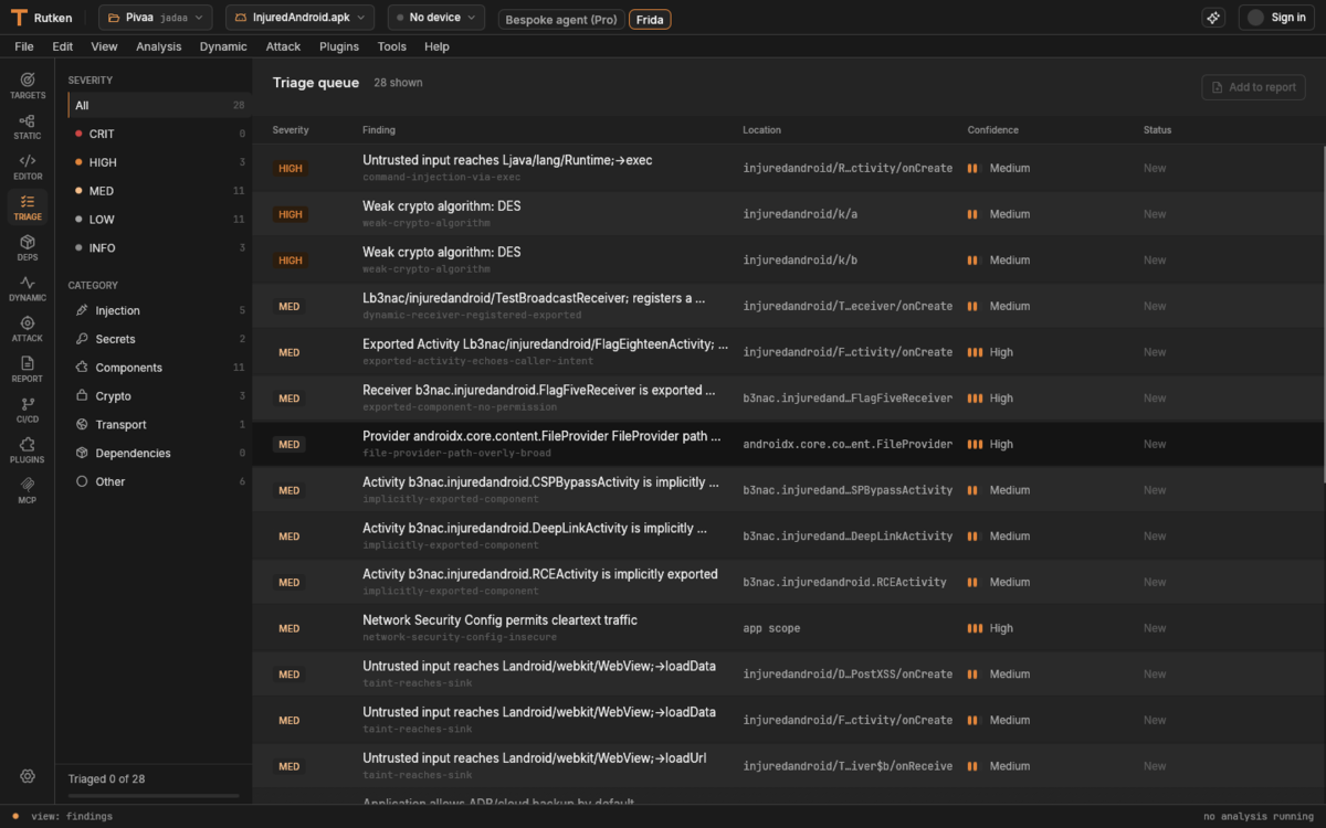 Rutken Triage queue: a severity and category filter rail on the left with live counts, and a table of findings (severity, finding, location, confidence, status) on the right -- 28 findings from InjuredAndroid including command injection, weak crypto, exported components, and taint-reaches-sink.